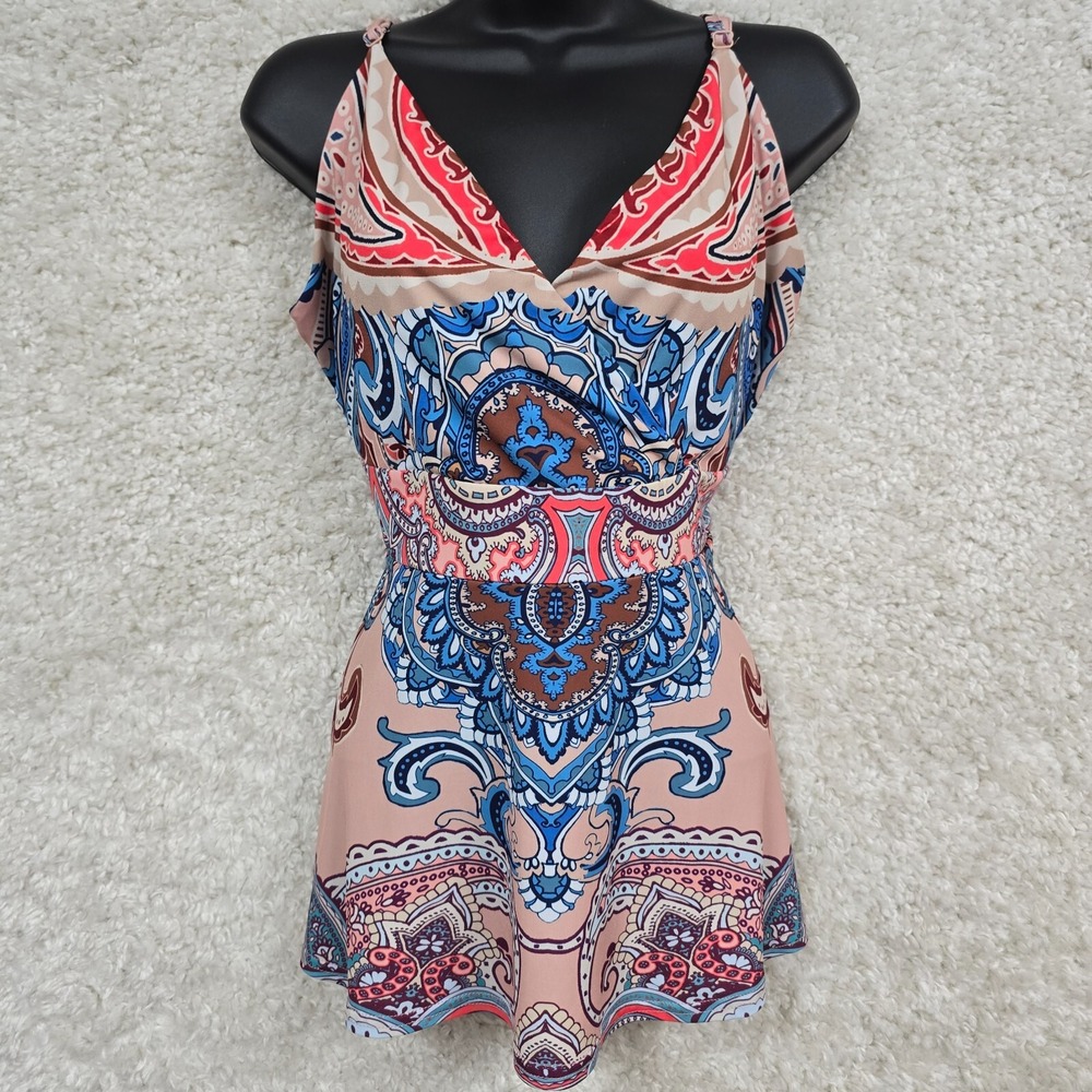 Venus Womens Babydoll Top Paisley Stretch Pink Blue Size Large Y2K Boho